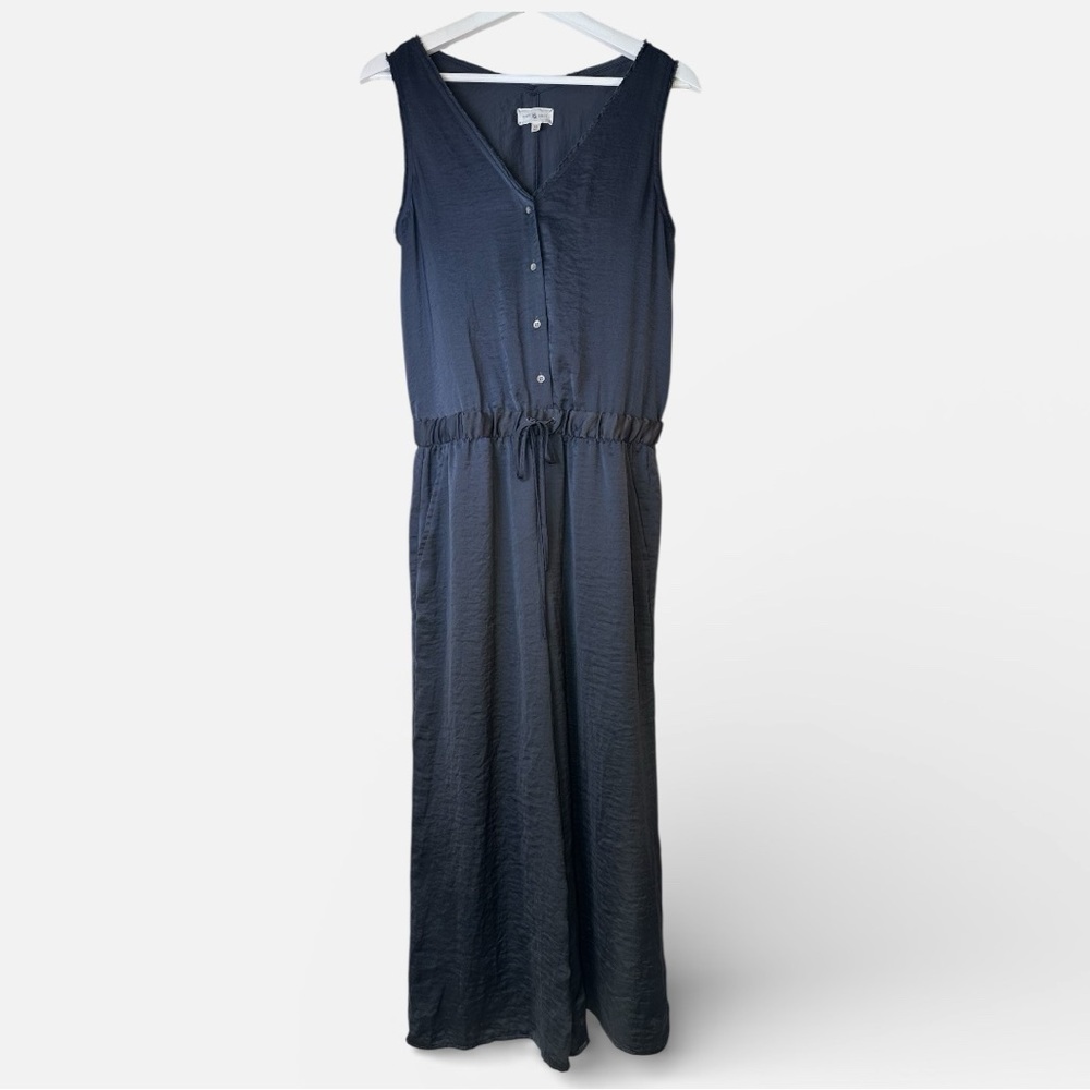 Lou & Grey Satin Button Down Tie Waist Dark Grey Sleeveless Jumpsuit Xsmall